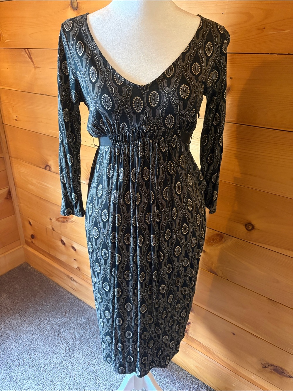 LOFT Black Printed V-Neck Long Sleeve Dress
